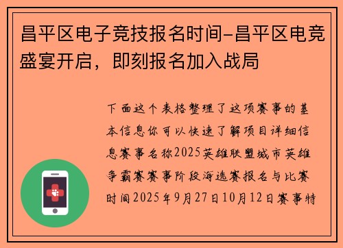 昌平区电子竞技报名时间-昌平区电竞盛宴开启，即刻报名加入战局